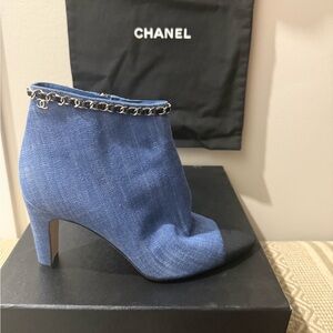 CHANEL Denim Blue Heeled Bootie with Chain Accent